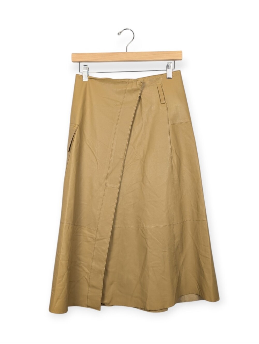 Vince Tan Lambskin Leather Wrap Midi Skirt Utility Cargo Asymmetric Front Size 0